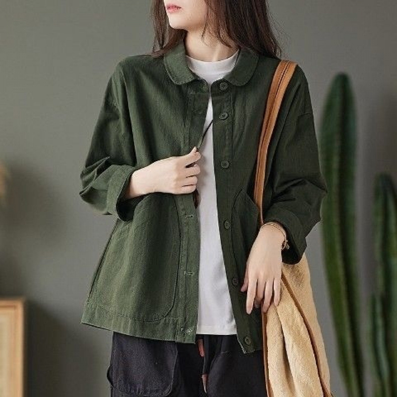 棉质外套女2025新款初秋复古斜纹棉纯色大口袋单排扣宽松休闲上衣|undefined