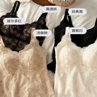 法式蕾丝内搭冰丝款一体式固定杯聚拢微压塑型美背吊带打底背心