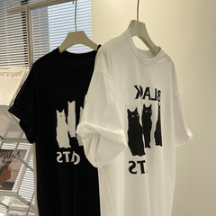 ins超人気猫プリント半袖コットンTシャツレディース夏デザイン半袖Tシャツルーズシックな香港スタイルトップ