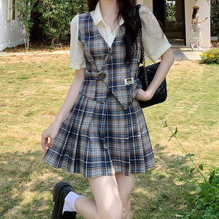 2025 New Summer Clothes, Large Size Plaid Pleated Skirt, Age-Reducing Suit, High-Waisted Puff Sleeve Suit, Slimming Two-Piece Suit for Summer