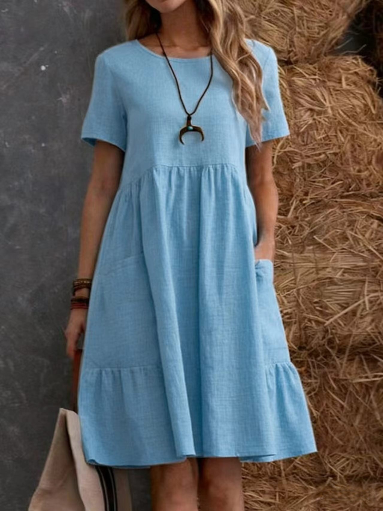 2026 Summer European And American Retro Loose Pocket Solid Color Round Neck Women's Dress_ecoleips.com