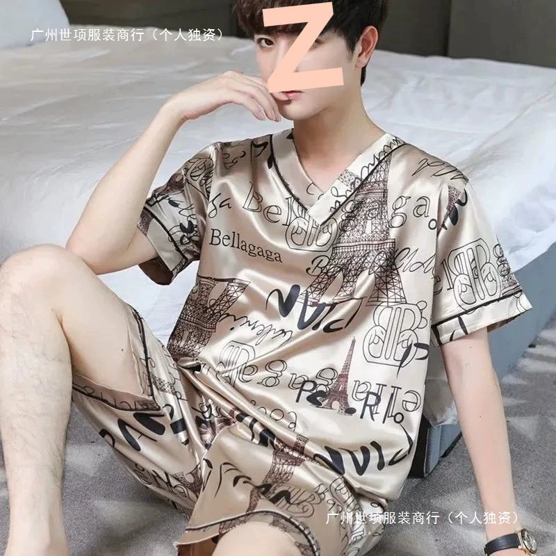 Пижама мужской летний шелк с короткими рукавами зеленый средний летний тонкий V-образный вырез плюс большой размер ледяной шелк домашняя одежда