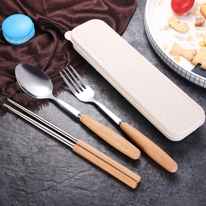 Wooden Handle Stainless Steel Portable Tableware Set Three-Piece Set of Spoons and Chopsticks for Home Use High-End Japanese-Style Gift Tableware Set Wooden Handle Stainless Steel Portable Tableware Set Three-Piece Set of Spoons and Chopsticks for Home Use High-End Japanese-Style Gift Tableware Set