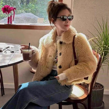 韩系简约全羊毛外套女冬100绵羊毛翻领年轻皮草毛毛大衣短款批发