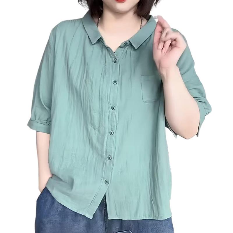 短袖纯色单排多扣显瘦棉麻衬衫设计感薄款衬衣上衣时尚百搭潮|undefined