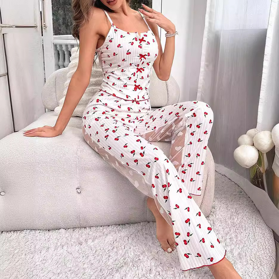 2024 Amazon AliExpress Printed Color Block Mesh Loungewear Set with Front Slit Suspender Pajama