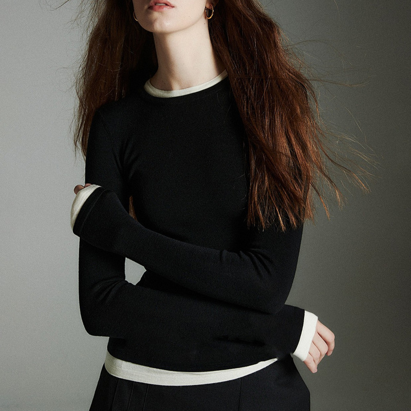 German Biella160S Gold Wool 120S Washable Color-Blocked Fake Two-Piece Multi-Collar Knitted Base Sweater