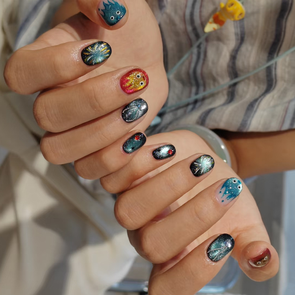 Uñas postizas artesanales con efecto llama pequeña, piezas de uñas postizas con efecto ojo de gato fuegos artificiales, set de 10 uñas postizas cortas con perlas al por mayor.
