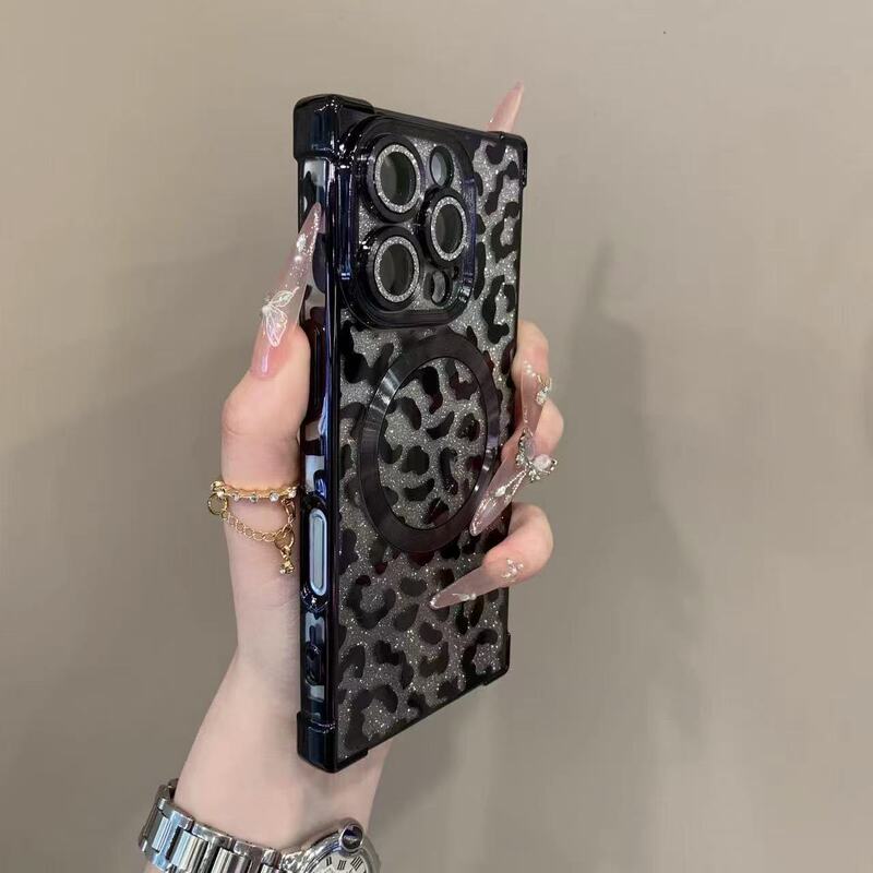Glitter Leopard Print Electroplating Transparent Suitable for Iphone17 Mobile Phone Case Square Magnetic Charging Apple 16 Anti-Fall Soft Case