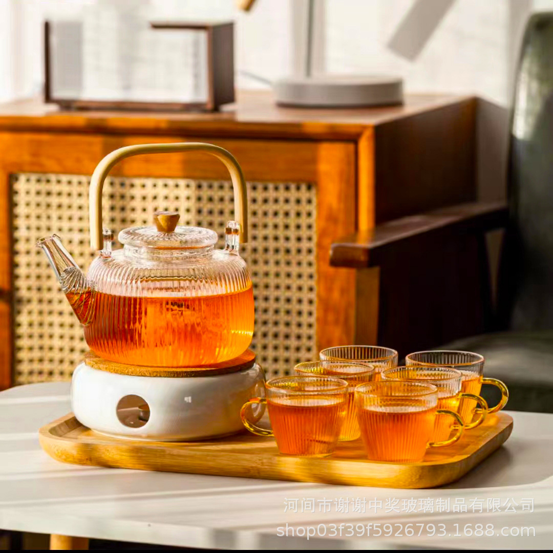 스트라이프 빔 포트 + 6 컵 + 세라믹 티 스토브 + 대형 솔리드 우드 티 트레이