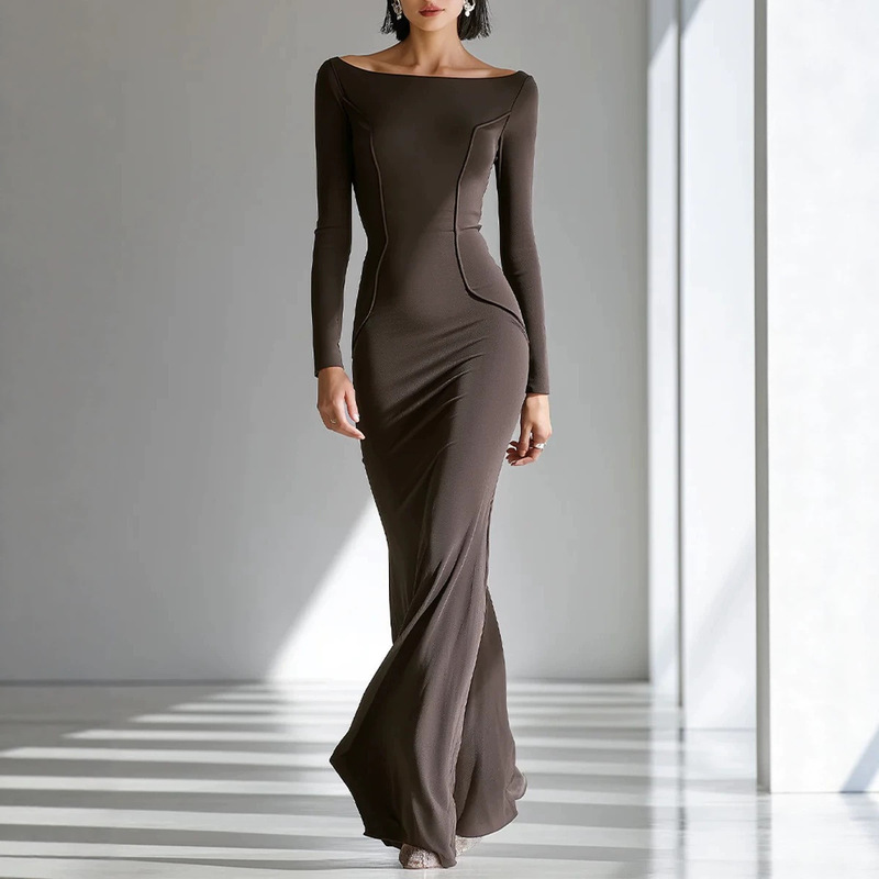 2026 European and American New Style Cross-Border Long-Sleeve Off-Shoulder Waist-Cinching Solid Color Slim-Fit Bodycon Elegant Women's Dress