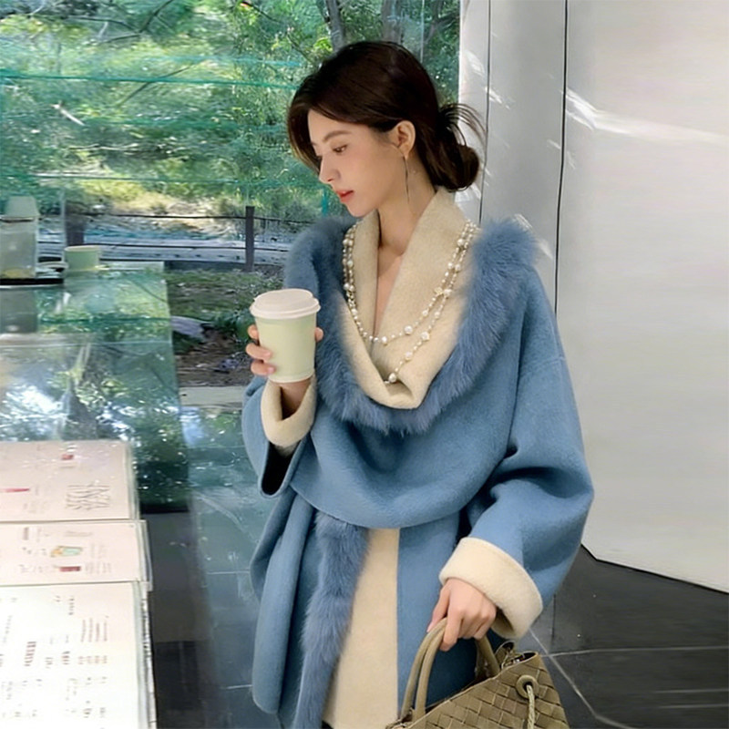 Blue Furry Double-Sided Wool Coat for Women, Winter, Petite Size, High-End Feel, Mid-Length, Unique and Super Stylish Woolen Coat Blue Furry Double-Sided Wool Coat for Women, Winter, Petite Size, High-End Feel, Mid-Length, Unique and Super Stylish Woolen Coat