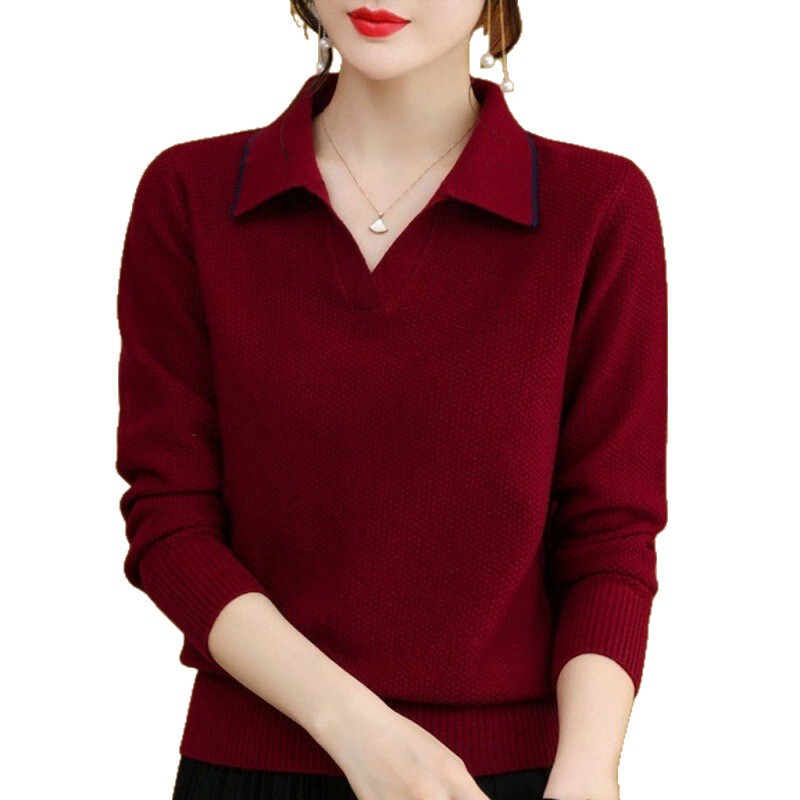2025年女春秋新款妈妈装显瘦百搭翻领套头毛衣女宽松洋气针织打底|undefined