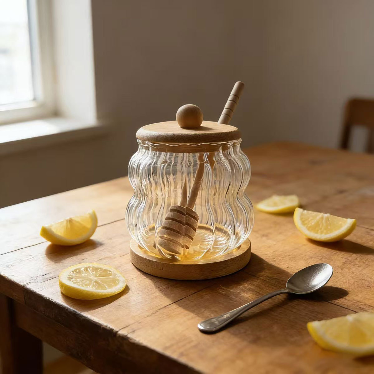 tanque de sellado de vidrio de alto borosilicato de bambú cubierta con barra de agitación tanque de almacenamiento de miel transparente almacenamiento doméstico de alto valor facial
