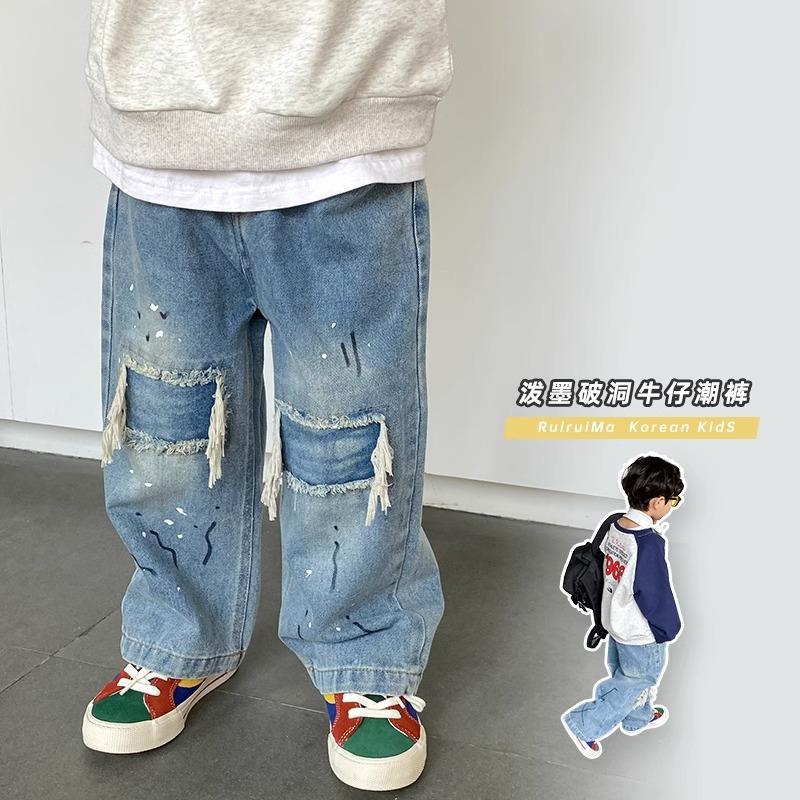 男童韩版破洞油漆泼墨牛仔裤中大儿童个性帅气儿童阔腿长裤子ins