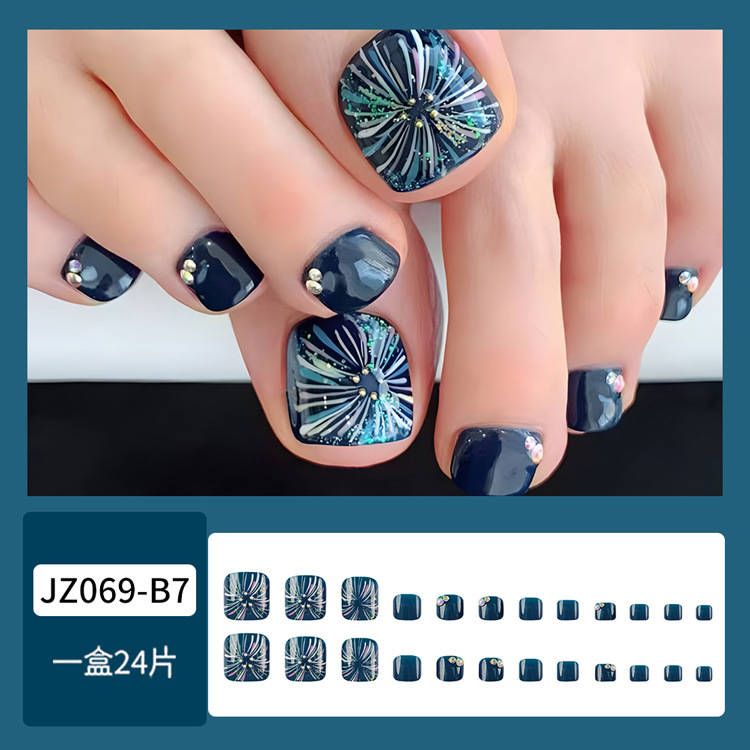 Esbozo de brillo azul oscuro con uñas de pie con perlas adornadas con elegante parche de uñas de pie de moda transfronteriza image 7