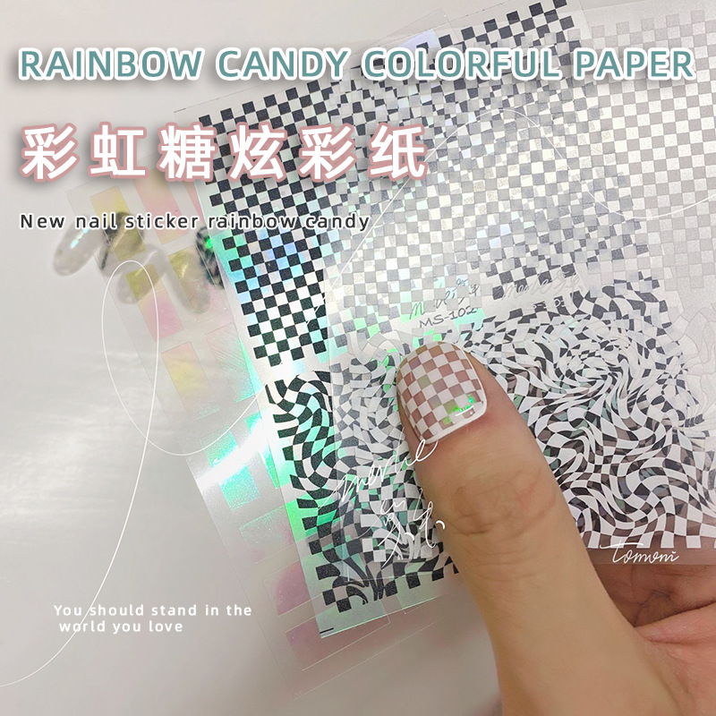 Popular tomoni pegatinas adhesivo semi-transparente de uñas pegatinas de uñas japonesas de color blanco y negro tablero de tela escocesa arco iris de papel de caramelo
