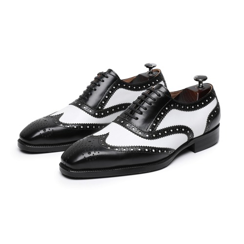 Men's Brogue Carved Splicing Leather Shoes Men's Genuine Leather Formal British Black and White Color Blocking Champagne Oxford Shoes Business