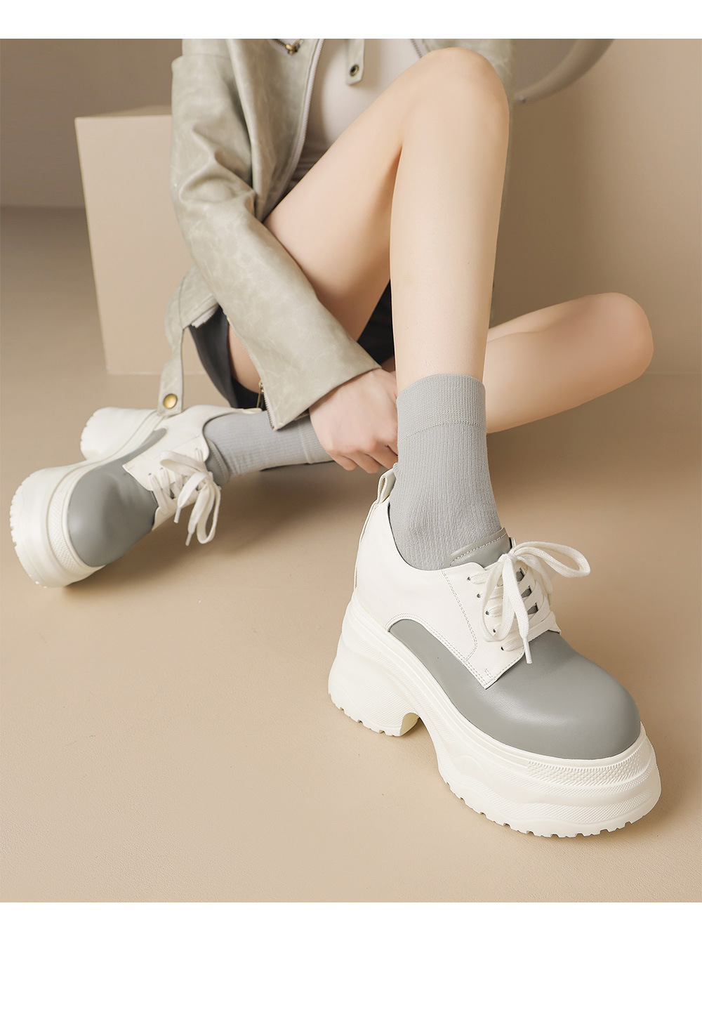 Giày sneaker nữ chunky đế dày phối màu mùa thu 2025, da bò thật, tăng chiều cao 12cm, buộc dây — Màu đen, Màu xám trắng, Màu trắng chi tiết 9