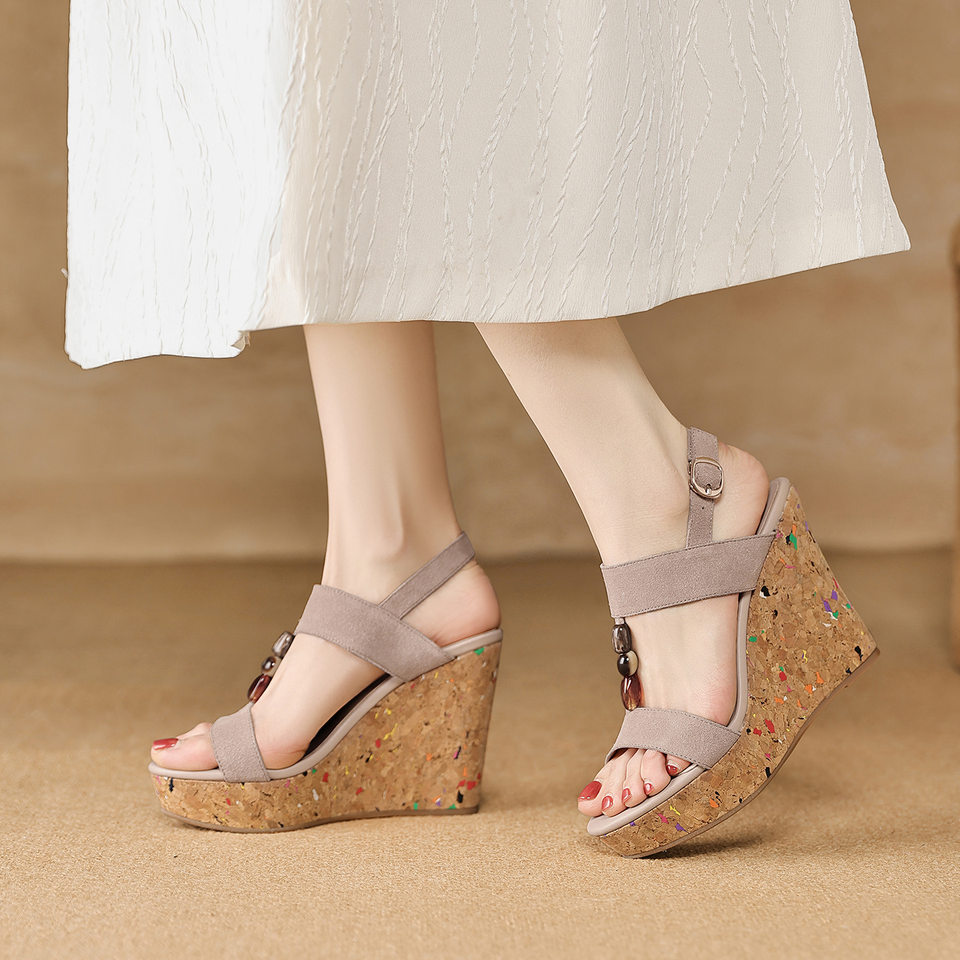 Sandal bohemian đế xuồng cao gót quai ngang hở mũi — màu hồng, màu mơ