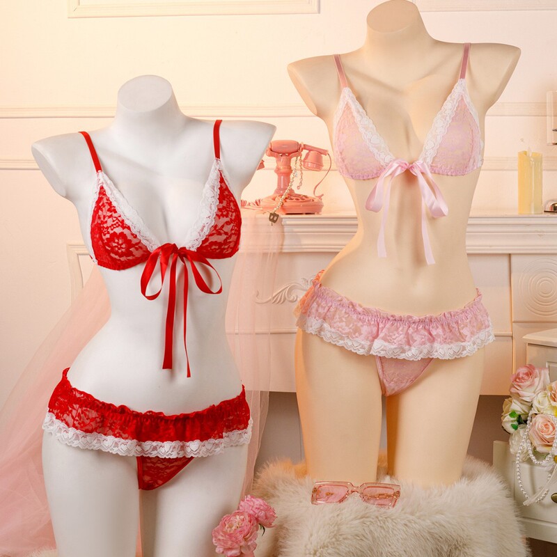 Pure Desire Underwear Lace Bow Tie Bra and Panties Couple Valentine's Day Set Push up to Show Big Breasts