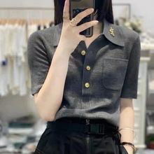 夏季新款女士短袖时尚胸针衬衣款半袖仿羊毛针织衫显瘦修身T