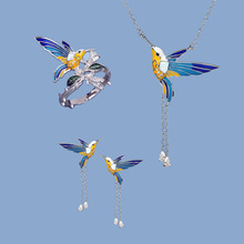 时尚创意田园风珐琅三件套蜂鸟戒指项链耳环动物植物滴胶彩色饰品
