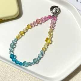 严选夏日马卡龙粉黄蓝渐变水晶串珠手机链防丢挂绳钥匙扣包包挂件