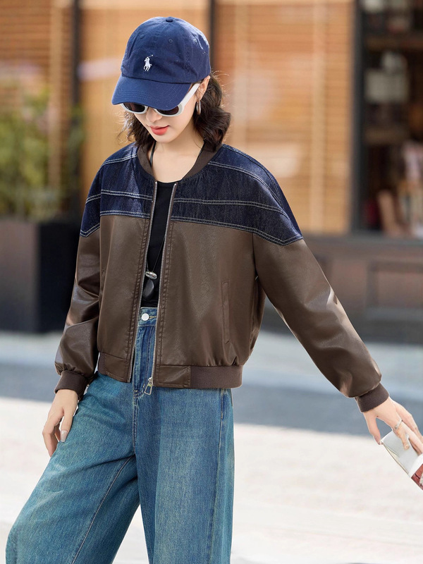 女式皮衣2025秋季新款牛仔拼接百搭休闲时尚PU皮夹克上衣YG82986|undefined