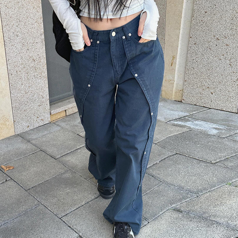 Estilo americano calle dulce y fresco diseño de remaches irregularmente sueltos jeans rectos moda femenina todo fósforo color sólido casual