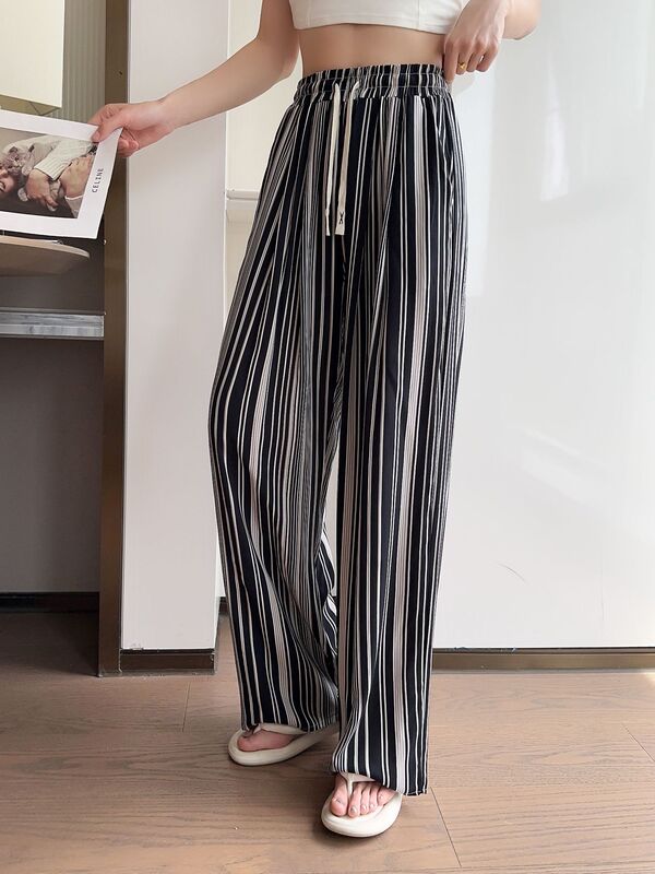 ハイエンドプリントハイウエスト薄い綿シルクワイドレッグパンツ女性の夏のドレープストレートルーズウエスト人工綿カジュアルパンツ|undefined
