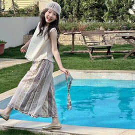 夏季女童无袖娃娃衫阔腿裤套装新款童装儿童女孩背心九分裤两件套