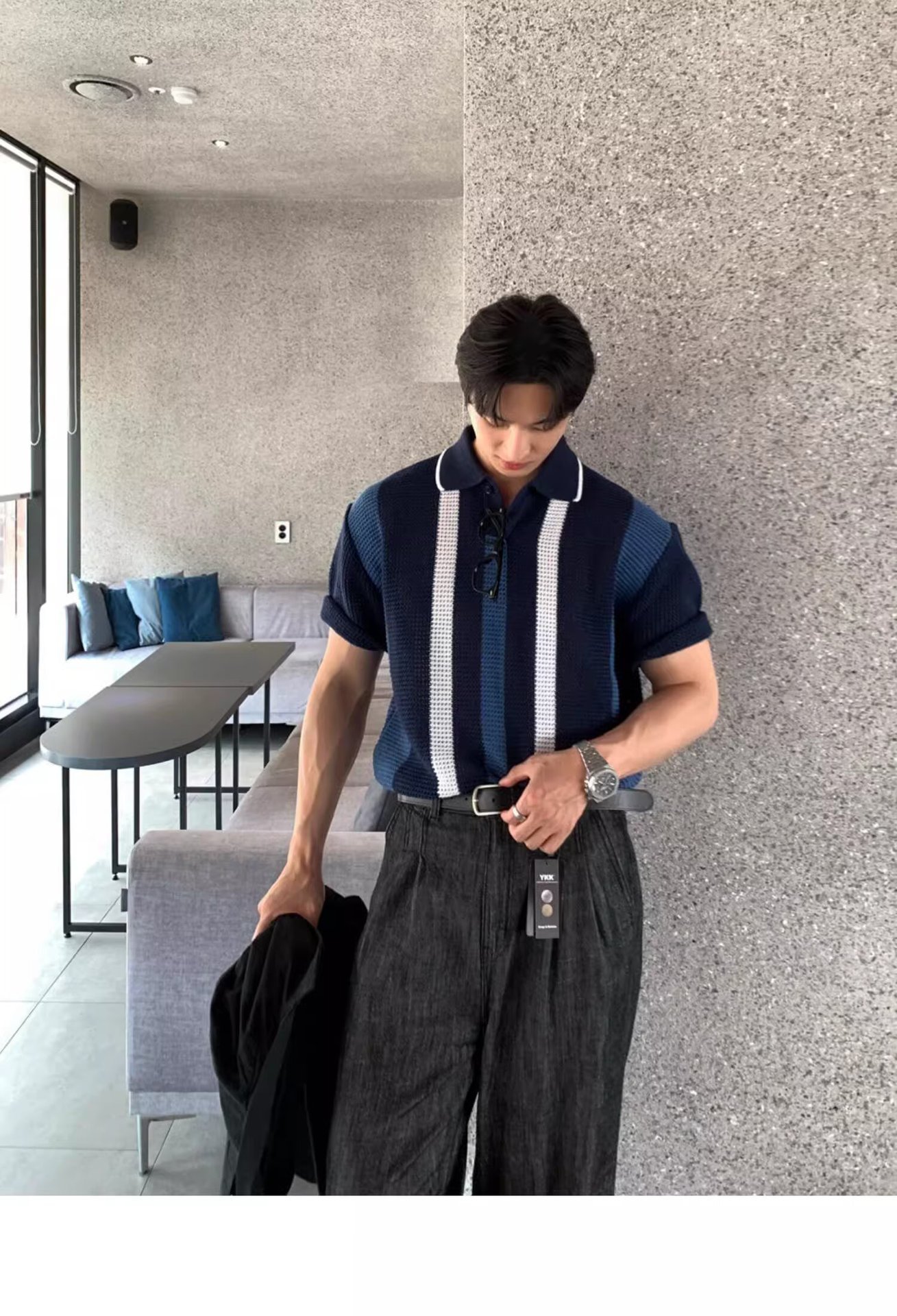 Men's High Quality Breathable Hollowed Out Color Block Knit Polo Shirt Korean Style Vertical Striped Short Sleeved T-Shirt For Spring/Summer_viptrois.com
