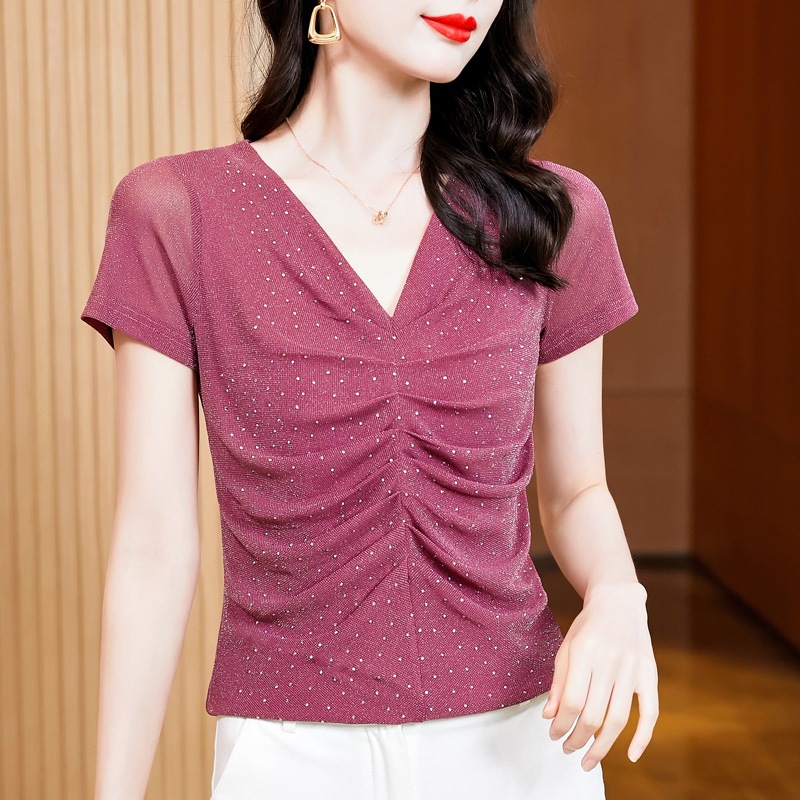 Southeast Asian Summer Women's V Neck Ruffled Shimmering Mesh Top with Rhinestone Base Slim Fit Versatile Elegant Lace Top_ecoleips.com