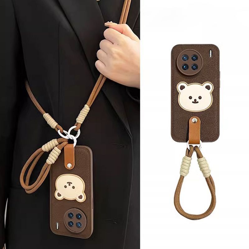 vivoX90s phone case x90s cartoon brown bear x80 all-inclusive 5G drop-resistant x70 soft crossbody strap men and women