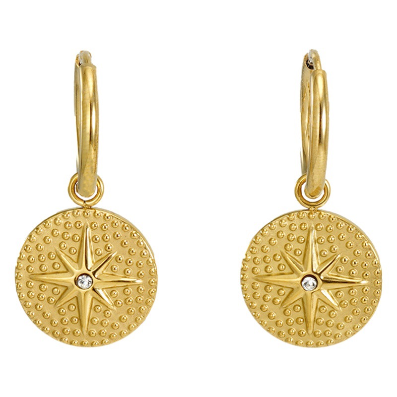 Cruz-frontera europea y americana de acero inoxidable ocho Awn Estrella diamante pendientes mujer 18K oro titanio acero pendientes de moda femenina al por mayor