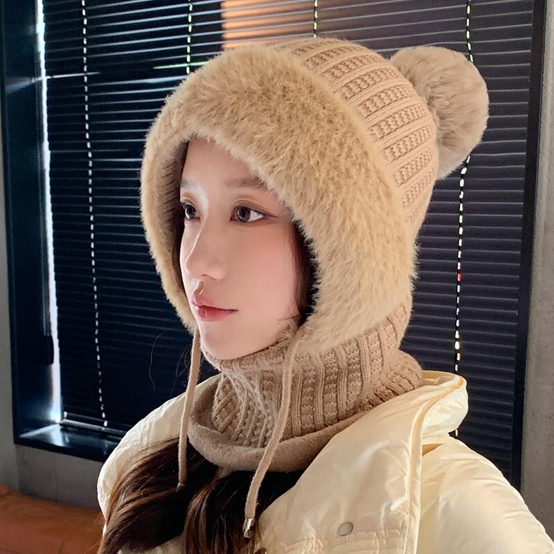 新款连体帽女冬季骑行加绒加厚遮脸护耳针织帽子围脖口罩保暖套件|undefined