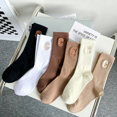Fall/Winter Women's Socks, Mid-Calf Embroidered C-Letter Cotton High-Rise Pile-Up Socks, Long-Length Sports Socks—Factory Wholesale