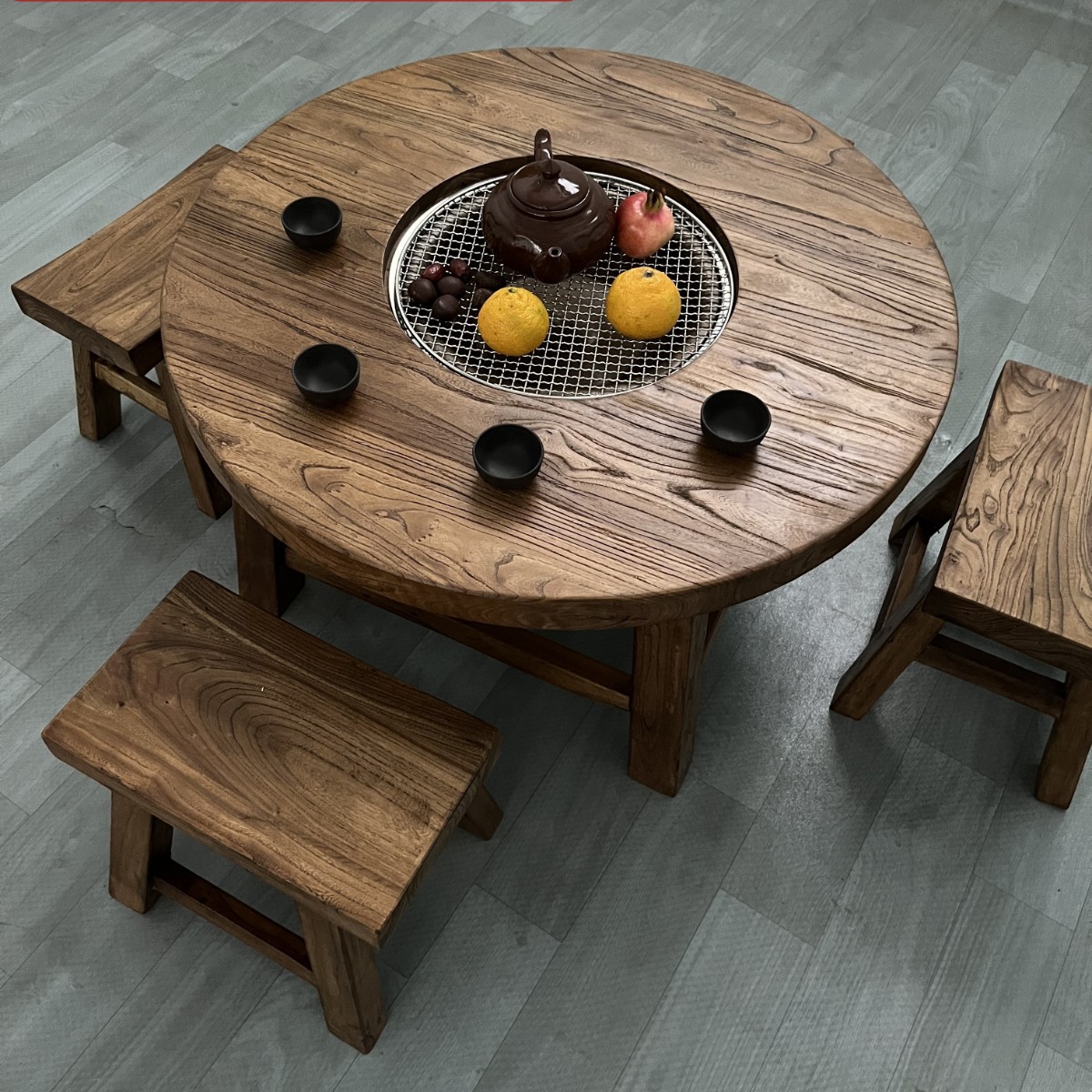老榆木围炉煮茶烧烤火锅桌实木复古圆形茶桌新中式简约原木小圆桌