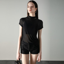 网纱上衣女夏季新款轻薄黑透小立领短袖运动罩衫