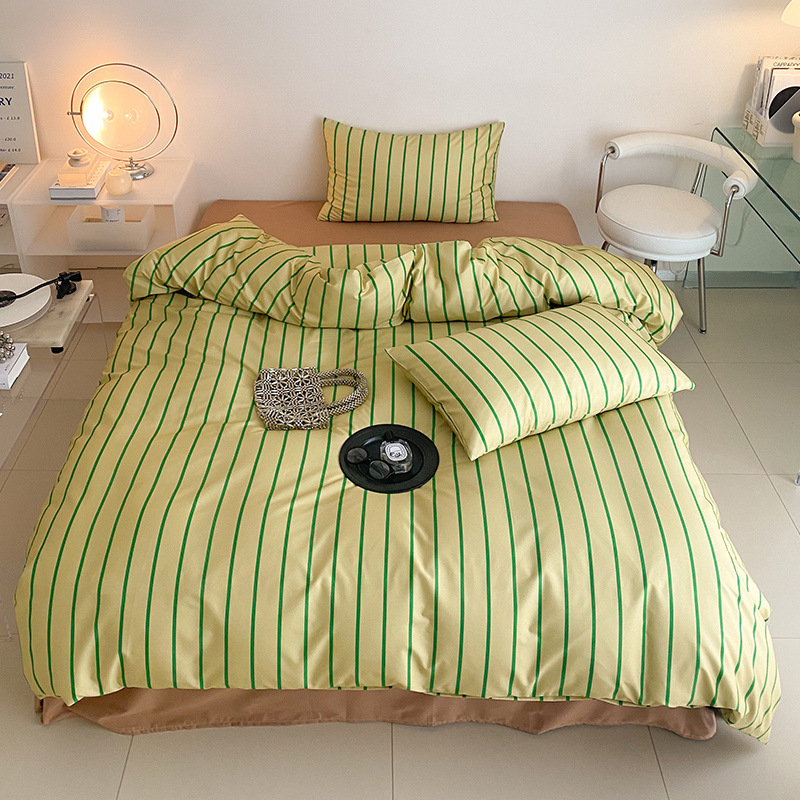 Cross-border Nordic Minimalist All-cotton Fitted Four-piece Set, Pure Cotton Plaid Bed Sheet And Duvet Cover, Vintage_voghion.com