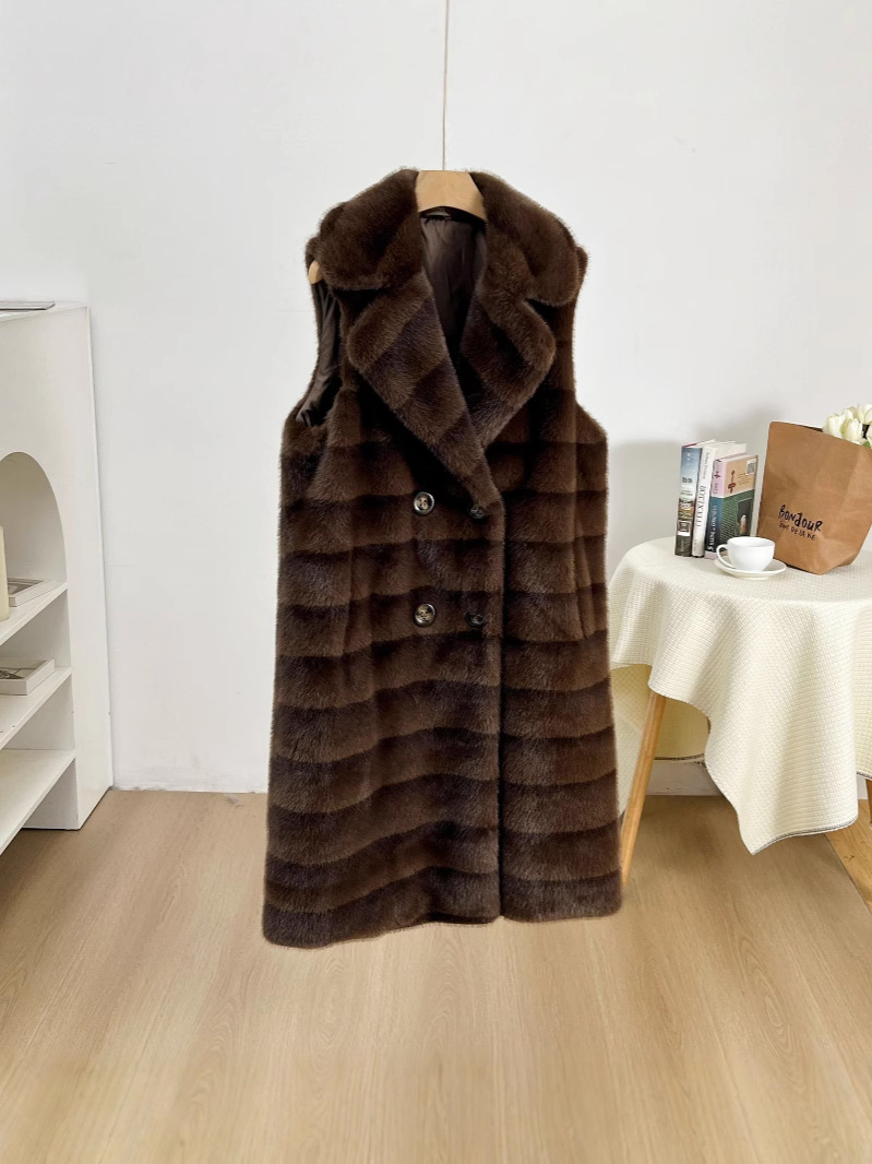 Chaleco de cuello de traje de piel de imitación de otoño e invierno Chaleco superior a rayas de longitud media Chaleco de moda versátil y de moda delgada image 4