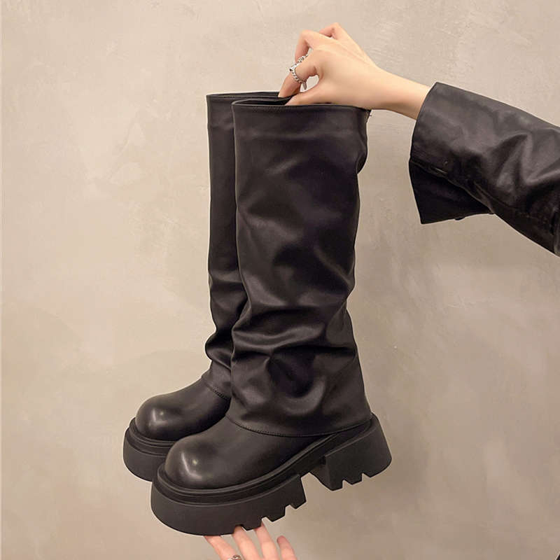 Fashionable temperament, slim mid length stacked boots, 2024 autumn new style, thick soled retro pants, long leg knight_voghion.com