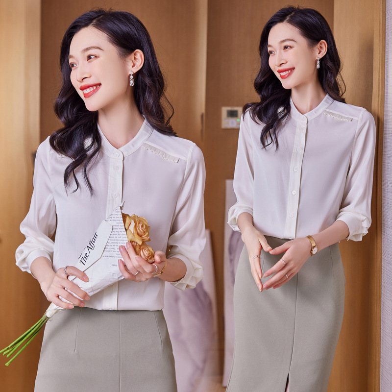 Spring elegant fashionable silk solid color shirt with a round…