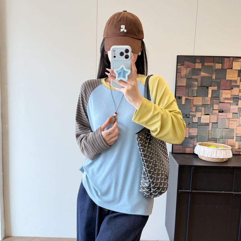 Korean-style vibrant color-blocked raglan-sleeve round-neck long-sleeve T-shirt 0909f06