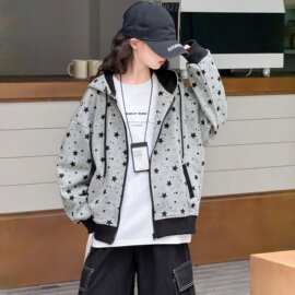 女童韩系高街满印星星连帽卫衣春秋2026新款儿童秋装棒球服潮外套