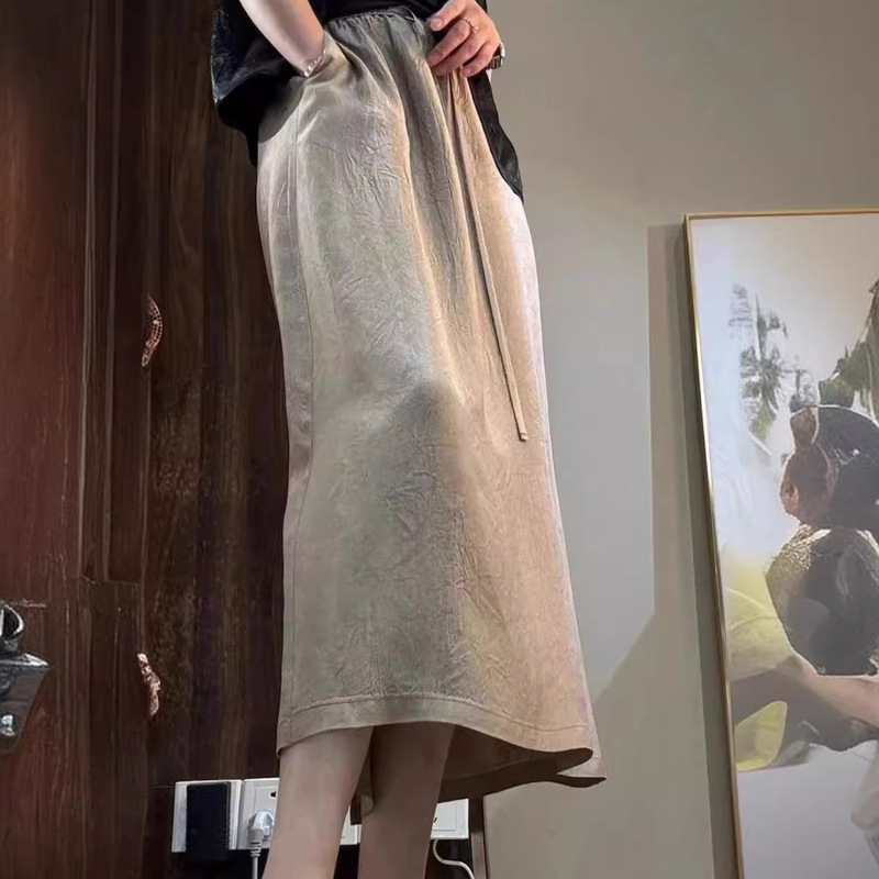 Acetic Acid Satin A- Line Skirt Women's 2024 Summer New High Waist Dosing Casual Straight Midi Thin Skirt