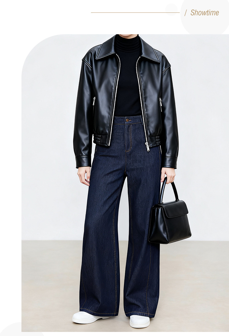 Quần jean ống rộng Xinge denim xanh chống phai màu, lưng cao, dáng suông dài đến sàn — màu xanh denim chi tiết 2