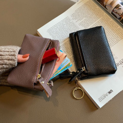 Genuine leather small coin purse women's mini key three-layer Korean cute hand-held cowhide money bag simple zipper small wallet