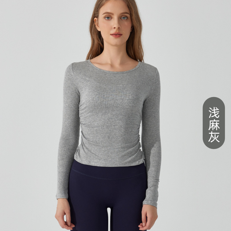 Otoño y invierno desnudos de yoga plegado piel delgada cuello redondo chaqueta deportiva casual camiseta de mangas largas de mujeres fitness